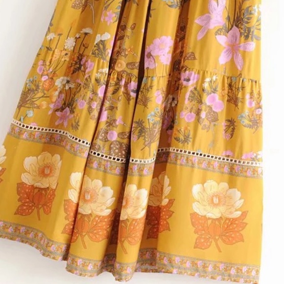 Boho 60’s Floral Gypsy Print Maxi Dress Yellow 70s - Picture 5 of 9